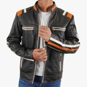 SpazeUp Harley Black Distressed Leather Biker Jacket Mens